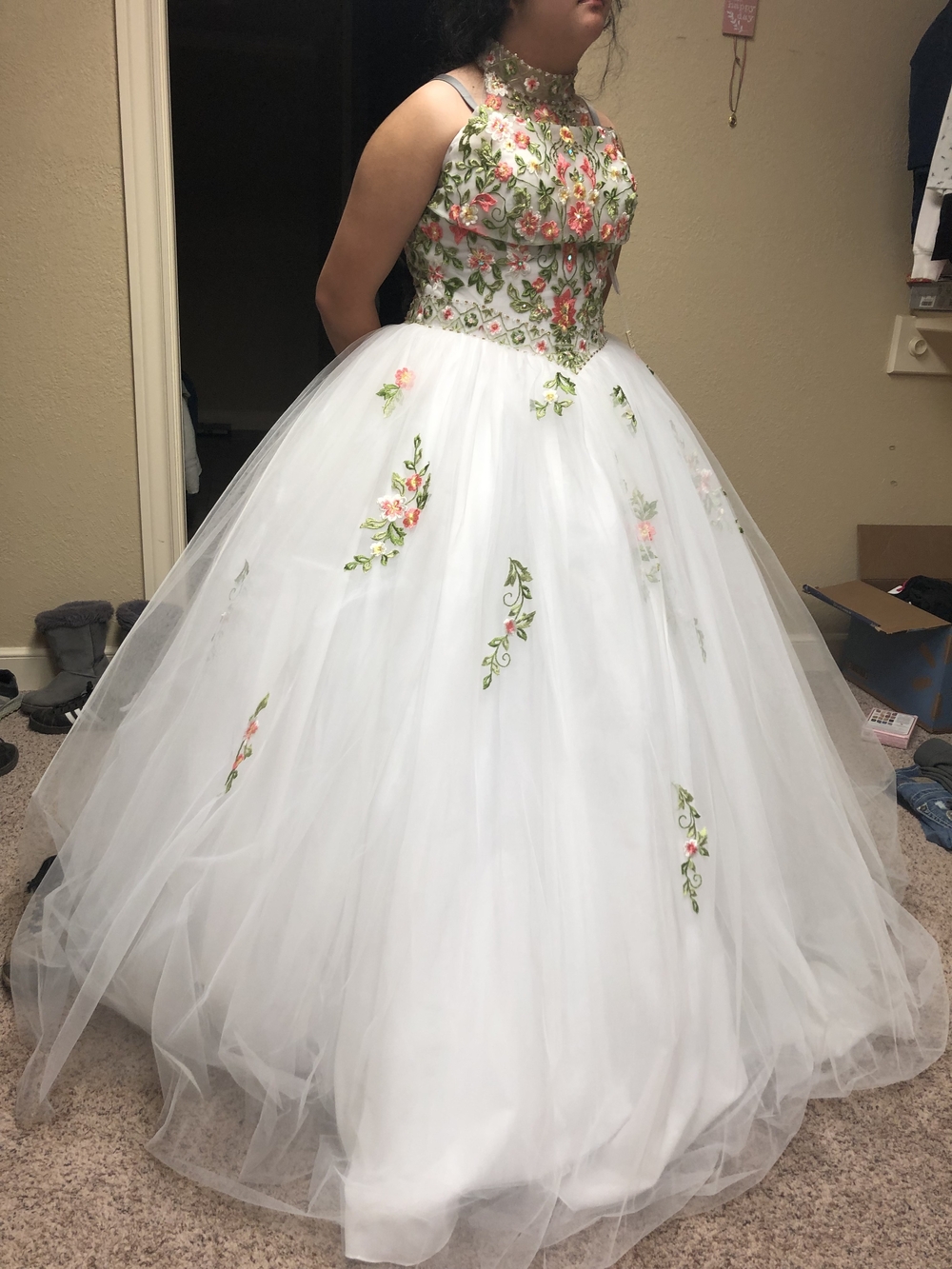 Embroidered Floral Ball Gown Dress in White with Pink Accents